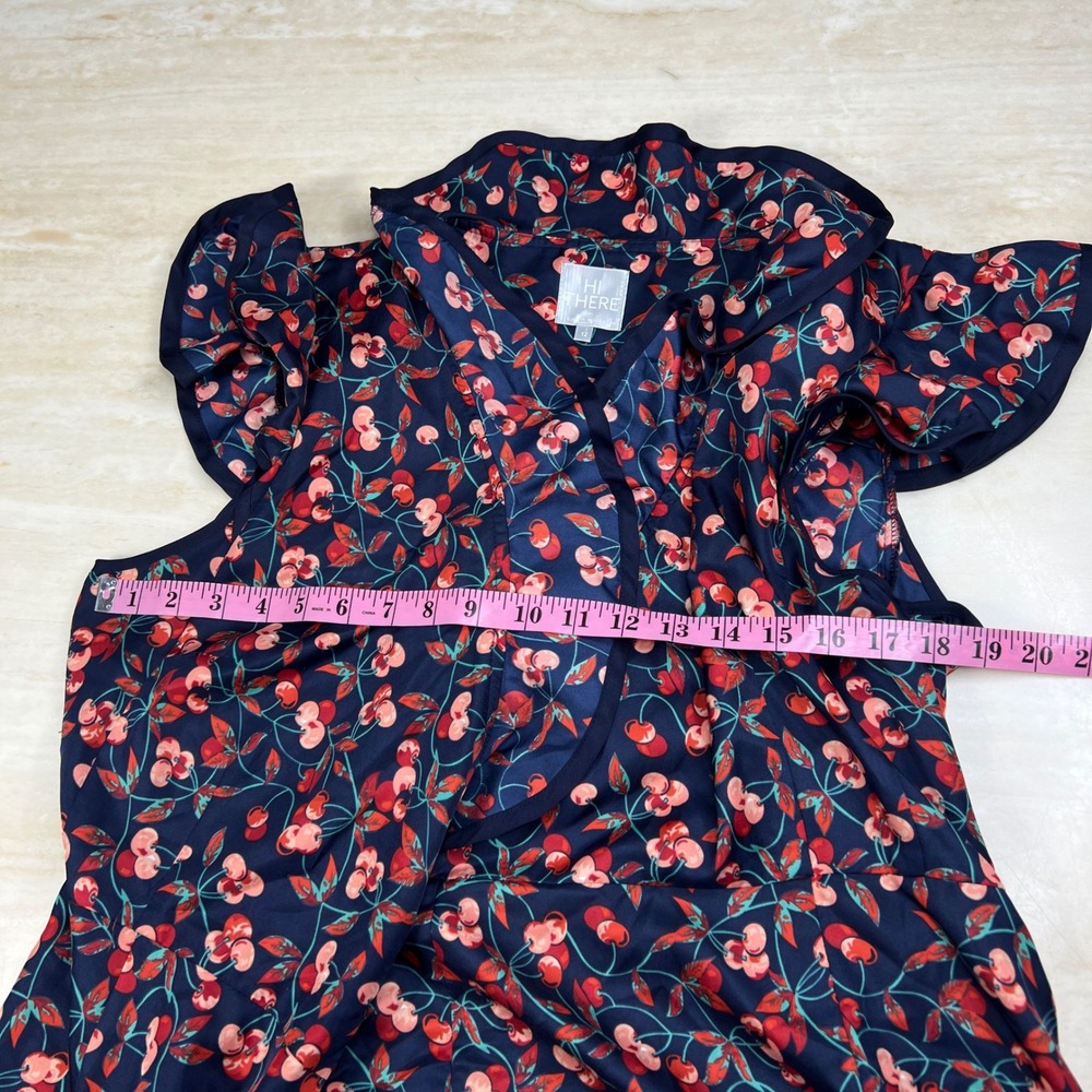 Hi There Karen Walker Cherry Print Wrap Dress Navy Blue Ruffle Hem Womens 12 - Picture 7 of 10